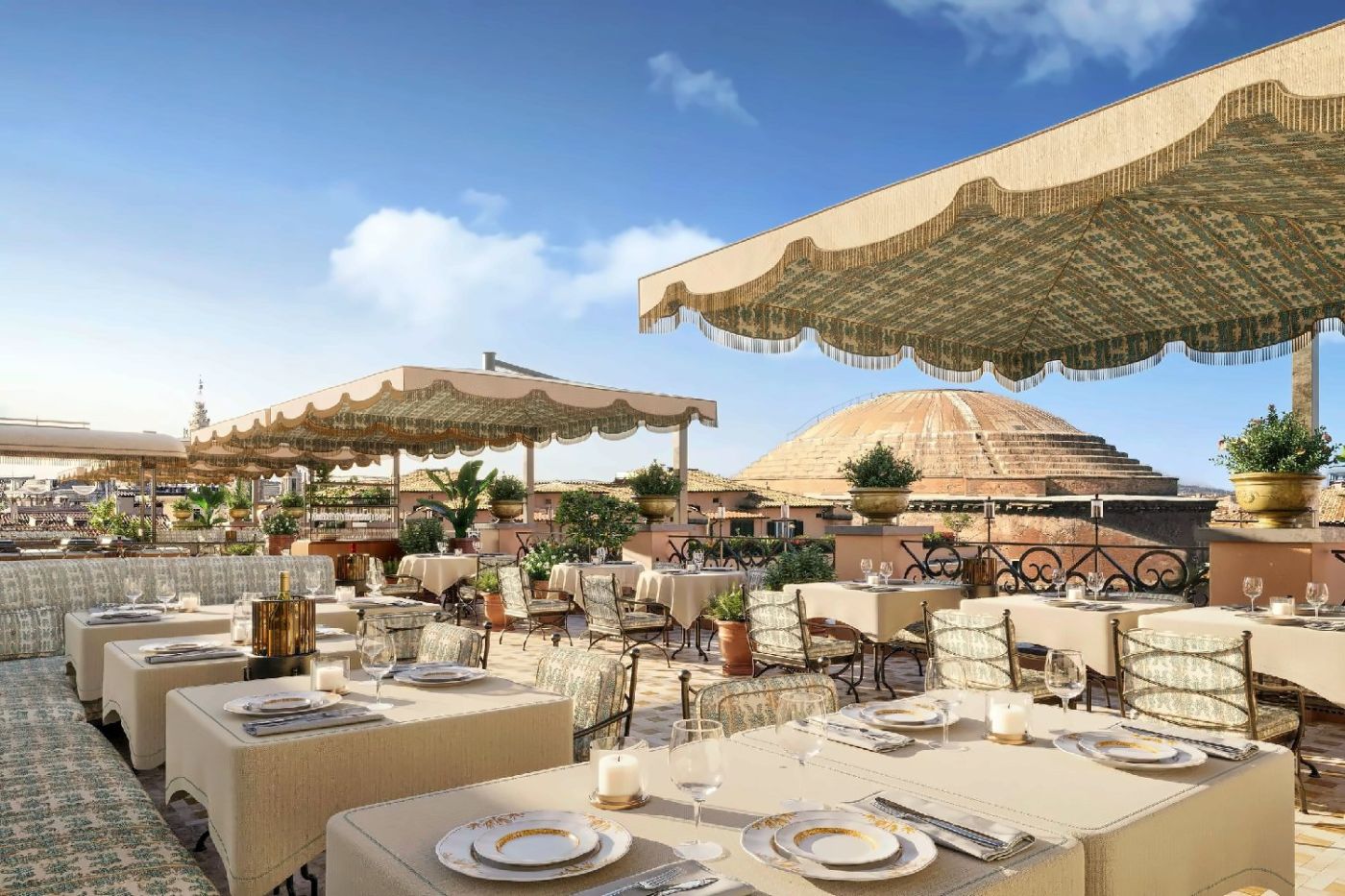 Gigi Rigolatto at Orient Express La Minerva in Rome for luxury rooftop bar travelers